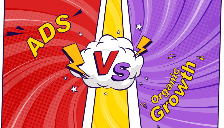 Illustration showing Ads vs Organic Growth on business in a comic-style design with bold colors