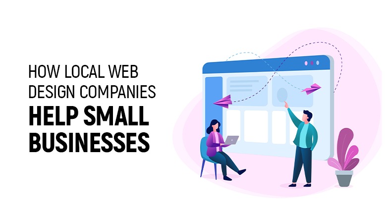 Illustration showing designers working on a website interface, representing how local web design companies help small businesses build their online presence.