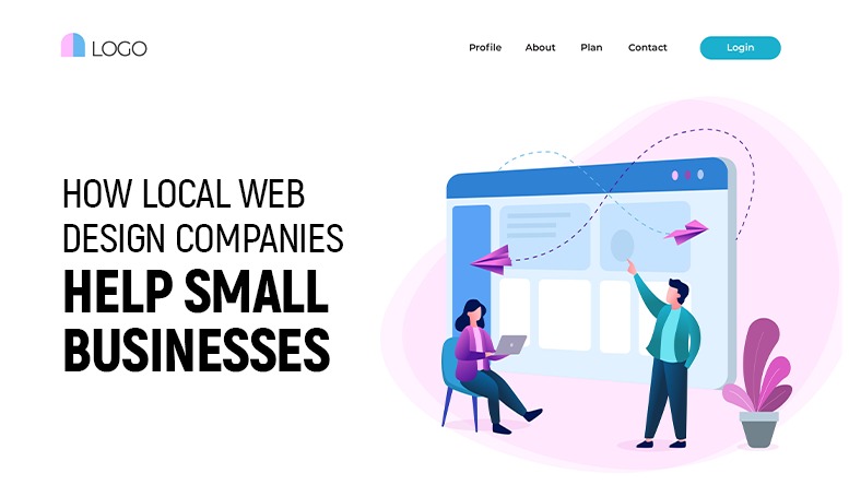 Illustration showing designers working on a website interface, representing how local web design companies help small businesses build their online presence.