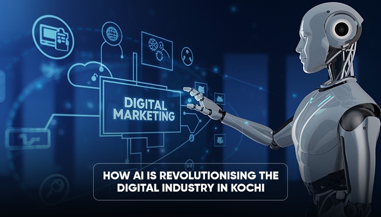 AI-powered robot interacting with a digital marketing interface, representing how artificial intelligence is transforming the digital industry in Kochi.