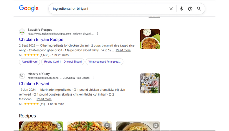 Google search results for “ingredients for biryani” showing recipe-focused listings, highlighting informational search intent in search intent optimisation compared to keyword stuffing.
