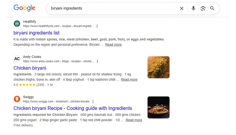 Google search results for “biryani ingredients” displaying recipe pages and ingredient lists, showing informational search intent and how search intent optimisation outperforms keyword stuffing.