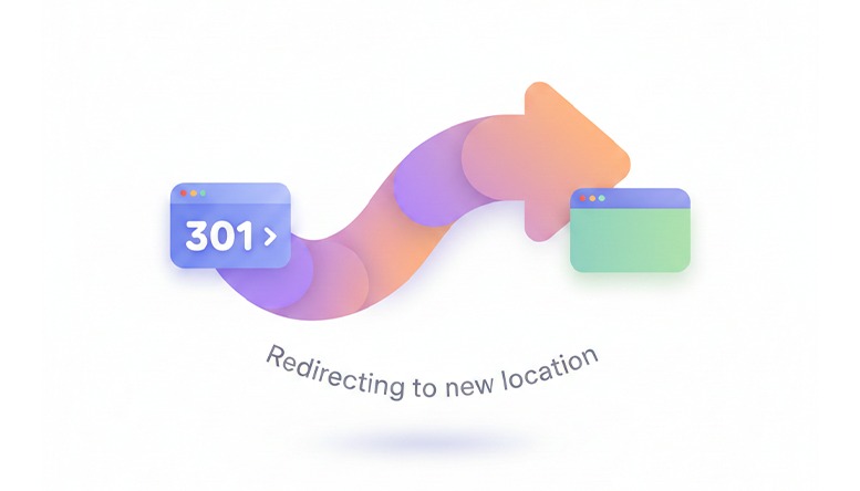 Illustration of a 301 redirect showing a webpage moving to a new URL, representing proper URL redirection during website redesign to preserve SEO rankings.