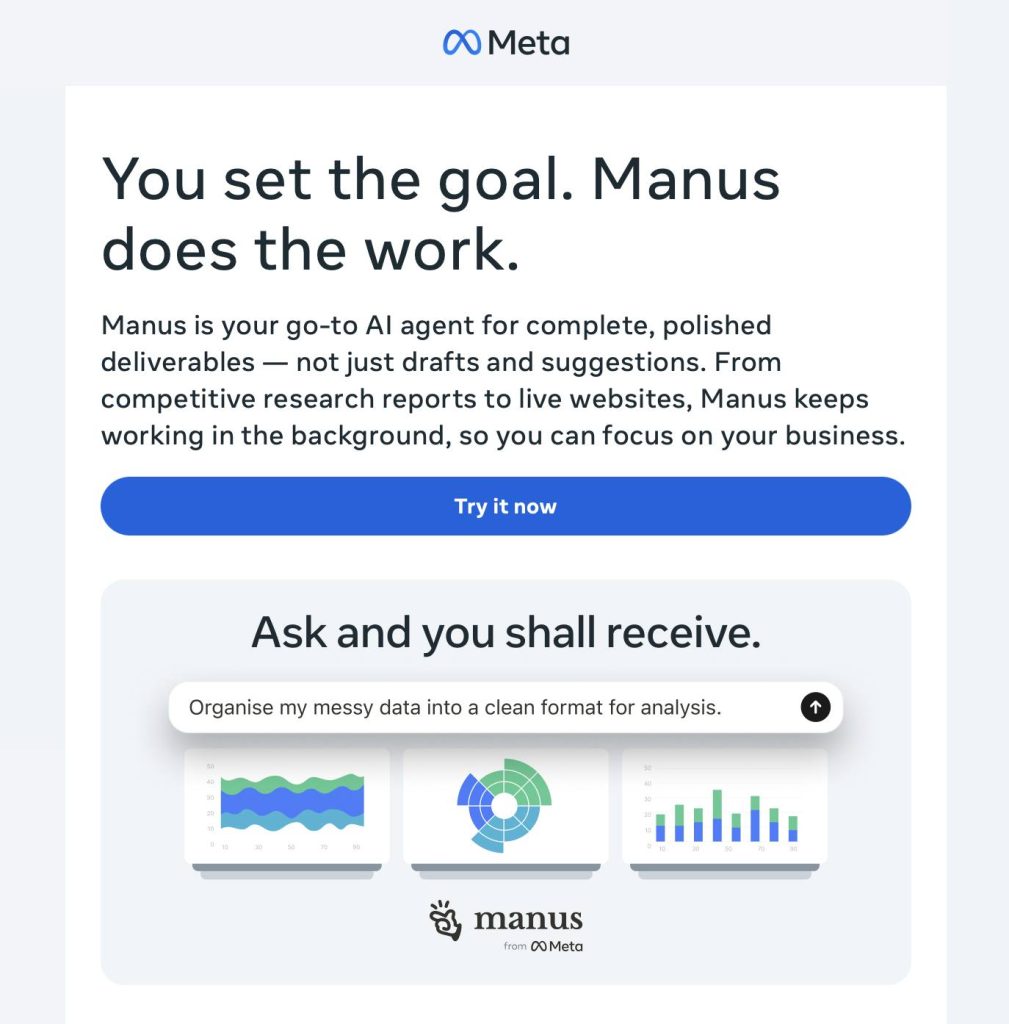 AI-powered marketing automation interface by Meta showing data analysis, reporting tools, and intelligent task execution, highlighting emerging AI trends transforming digital marketing in India in 2026
