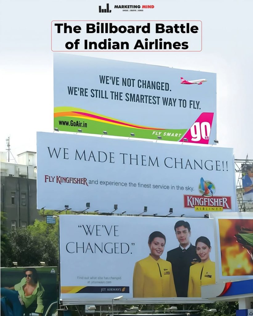 Stacked airline billboards in India showing a competitive guerrilla marketing campaign between GoAir, Kingfisher, and Jet Airways with bold, reactive advertising messages