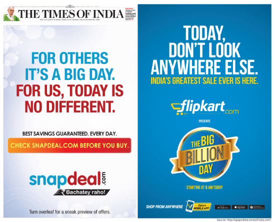 Competitive newspaper advertising campaign by Snapdeal and Flipkart during India’s festive sale season, showcasing creative brand rivalry and ambush marketing.