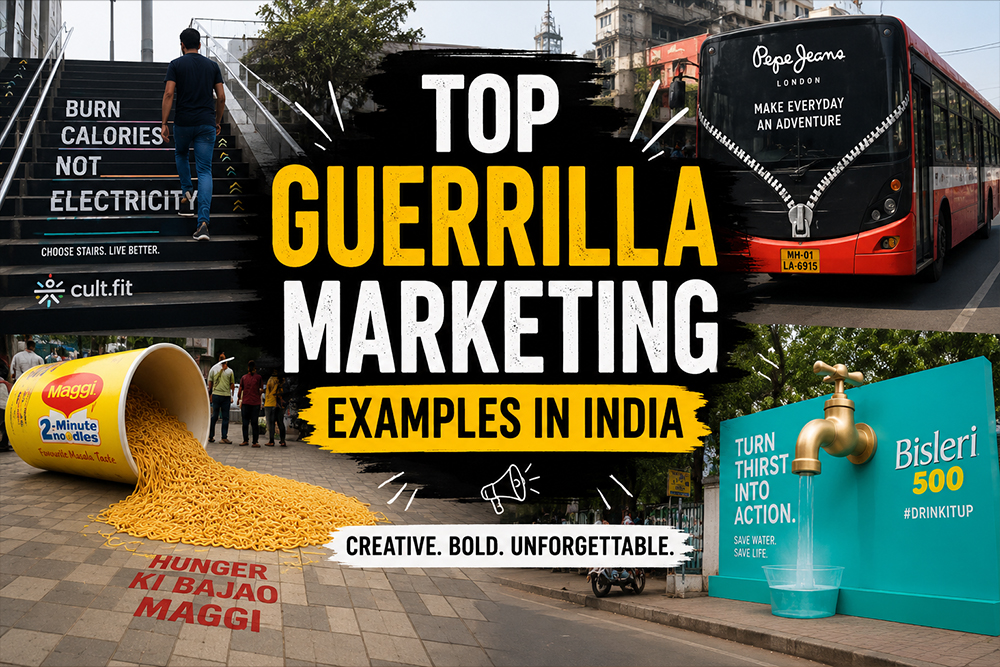 Creative guerrilla marketing examples in India including street ads, public installations, and interactive billboards demonstrating bold and unconventional marketing strategies