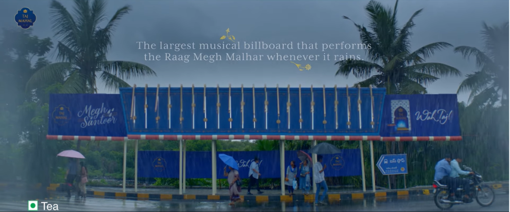 Taj Mahal Tea’s Megh Malhar guerrilla marketing campaign featuring a giant musical billboard that plays during rainfall at a bus stop in India.