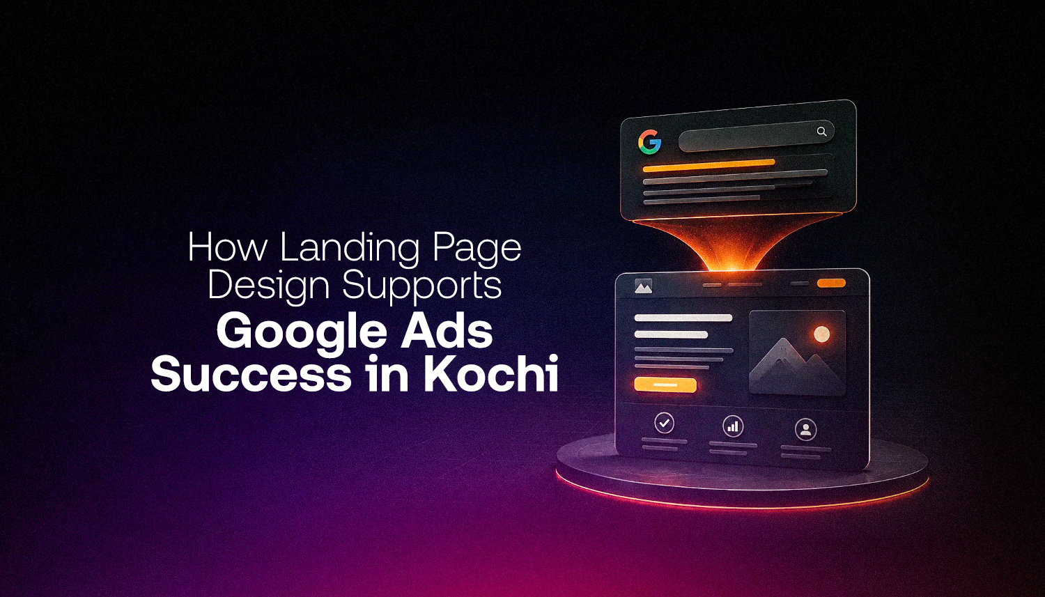 Digital interface showing search ad converting into optimized landing page, illustrating how landing page design supports Google Ads success and improves conversions in Kochi.